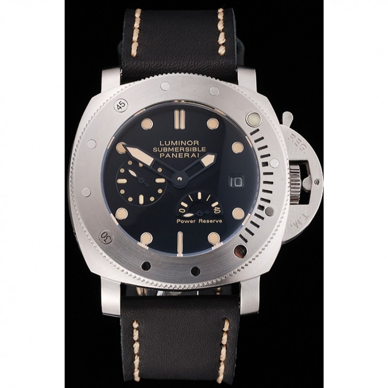 Panerai Luminor Submersible Black Dial Stainless Steel Case Black Leather Strap-1