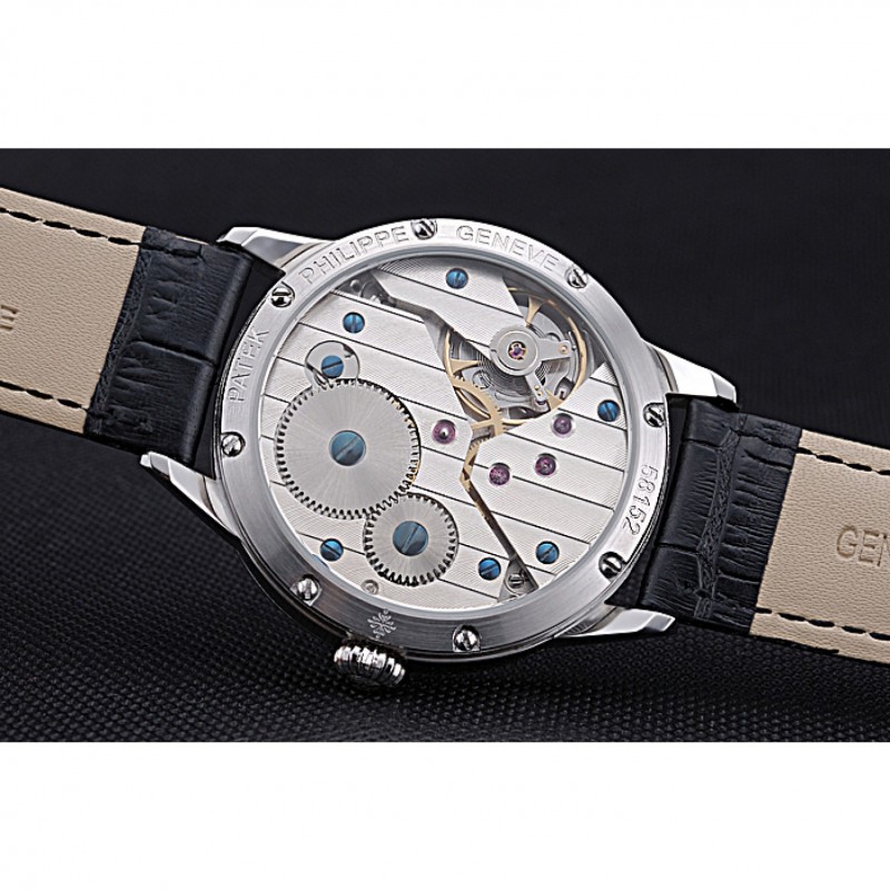 Patek Philippe Geneve Two Dial Black Dial Stainless Steel Bezel Black Leather Band 622145-8