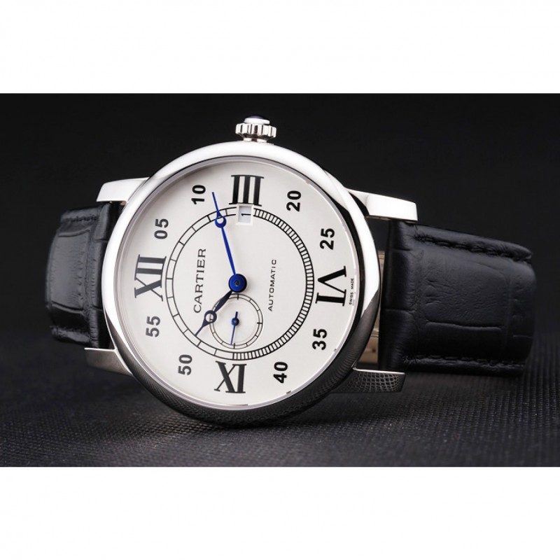 SS Swiss Cartier Rotonde Solo White Dial Silver Case Black Leather Strap-3