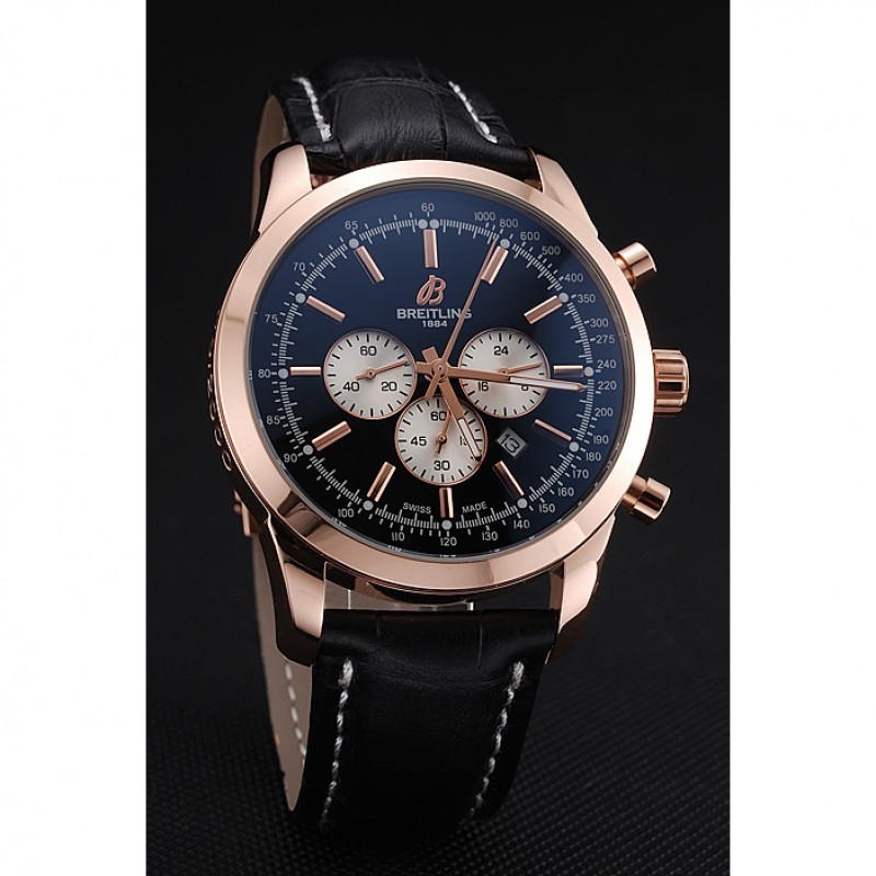 High Quality Replica Watches Breitling Transocean Black Dial Black Leather Strap Rose Gold Bezel 98204-2