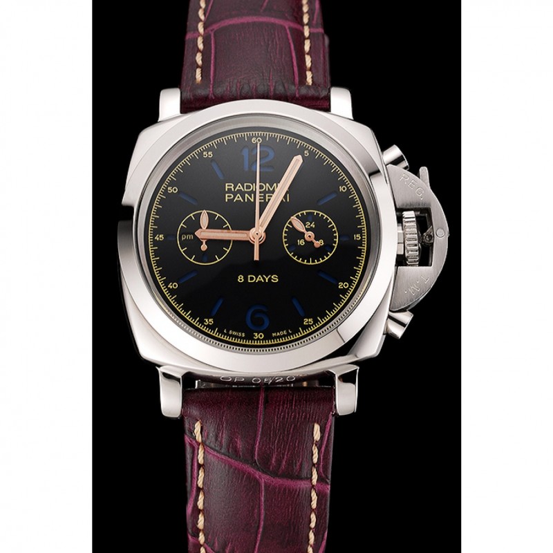 Panerai Radiomir 8 Days Chronograph Black Dial Stainless Steel Case Plum Leather Strap 1453795-1