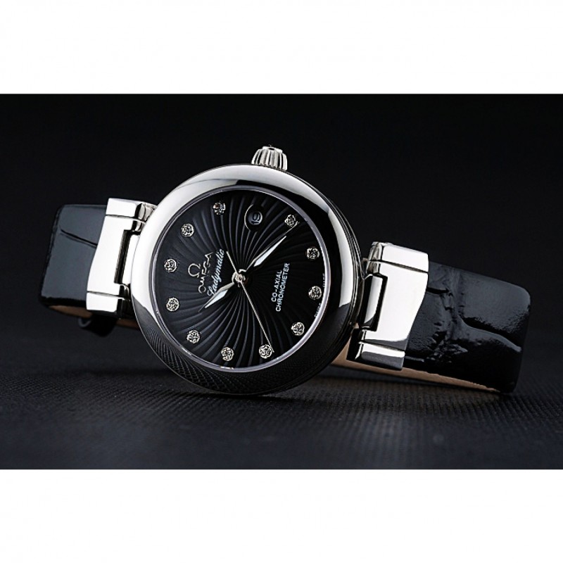 Cheap Replica Watches Omega Ladymatic Black Dial Black Leather Bracelet 622458-4