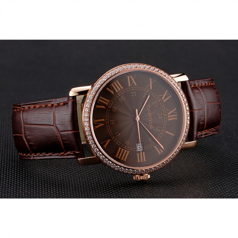 Cartier Ronde Solo Brown Dial Diamond Bezel Rose Gold Case Brown Leather Strap-3