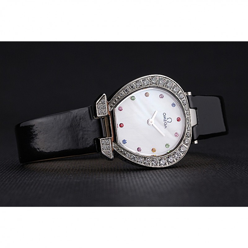 High End Replica Watches Omega Ladies Watch White Dial With Jewels Stainless Steel Case With Diamonds Case White Leather Strap 622826-3