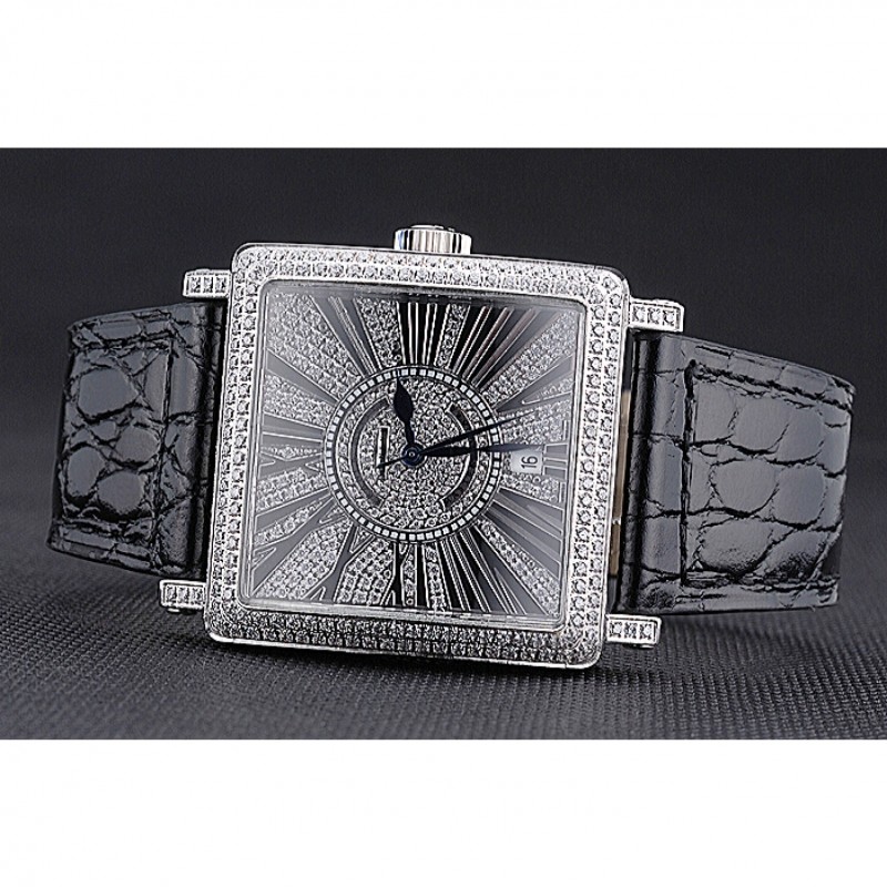 Luxury Replica Watches Franck Muller Master Square Diamonds Dial Diamonds Case Black Leather Band 622358-3