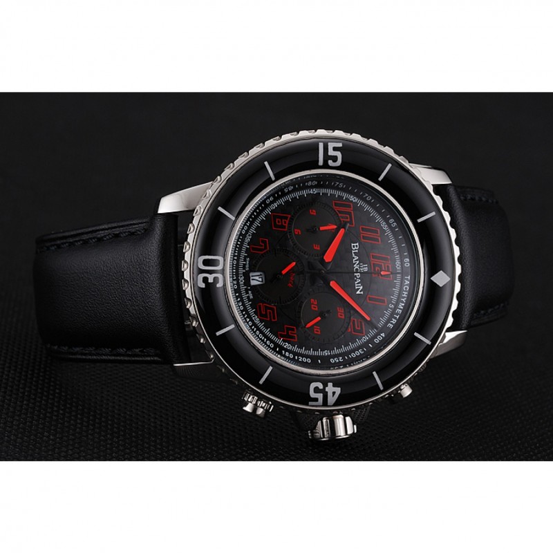 Blancpain Fifty Fathoms Speed Command Carbon Fiber Dial With Red Markings Stainless Steel Case Black Leather Strap 1453774-3