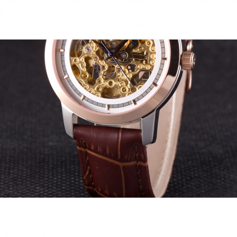 Vacheron Constantin White Skeleton Watch with Rose Gold Bezel and Brown Leather Strap 621539-6