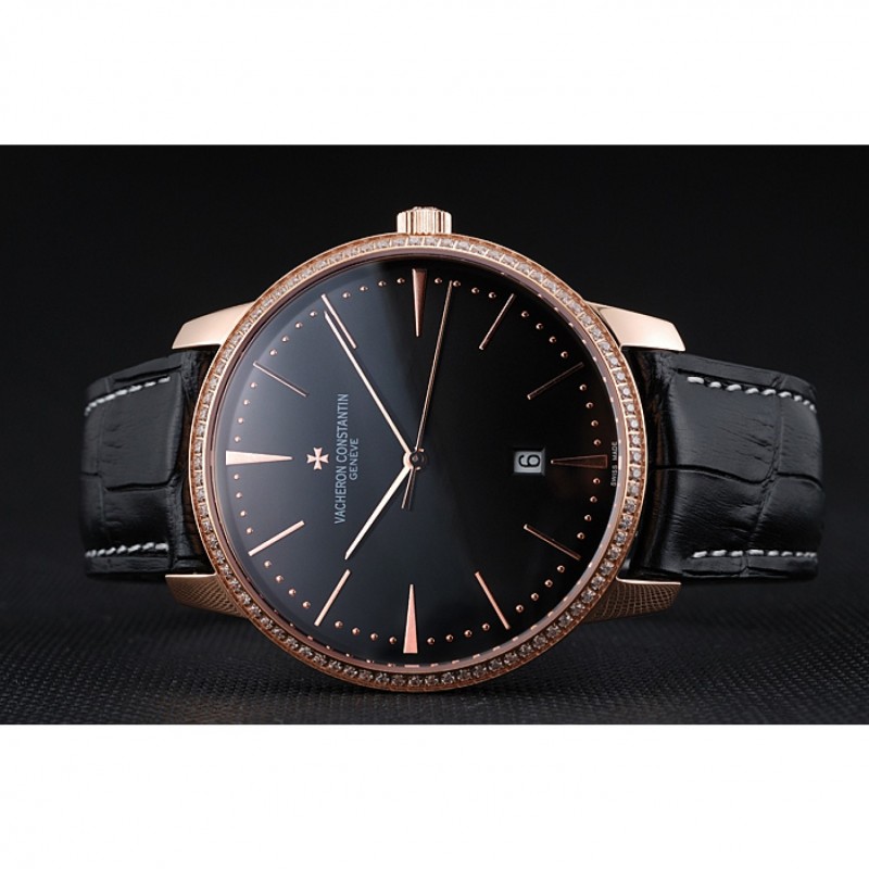 AAA Swiss Vacheron Constantin Patrimony Black Dial Rose Gold Diamonds Case Black Leather Bracelet 1454175-3