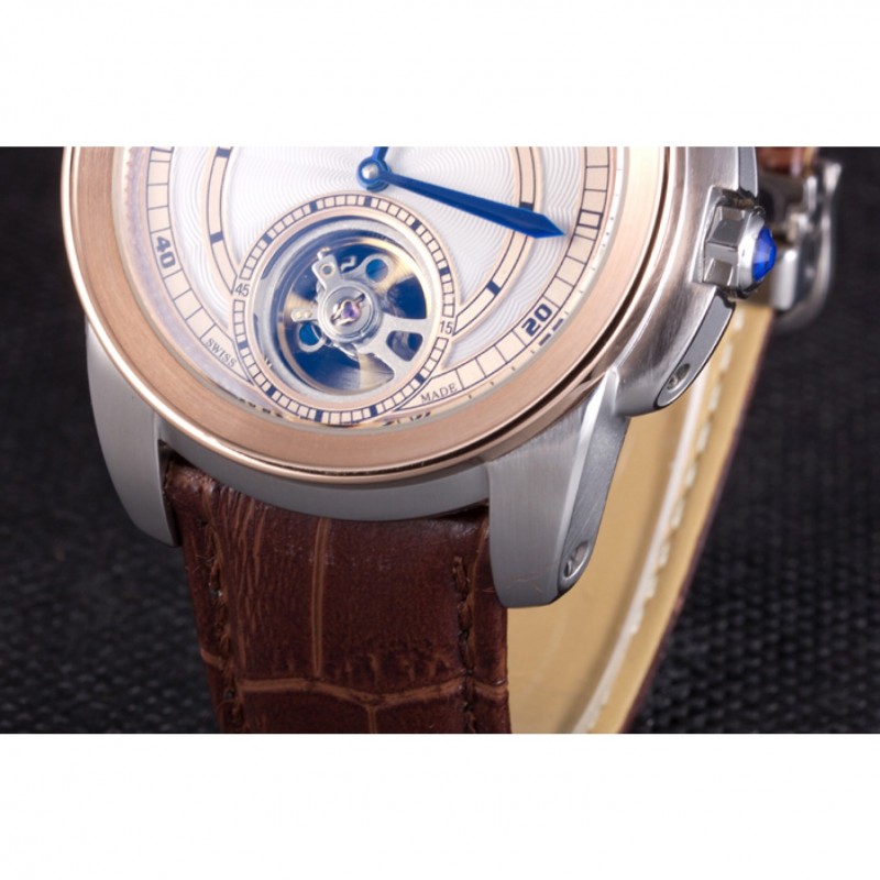 SS Replica Watches Cartier Calibre Flying Tourbillon White Dial Two Tone Case Brown Leather Bracelet-6