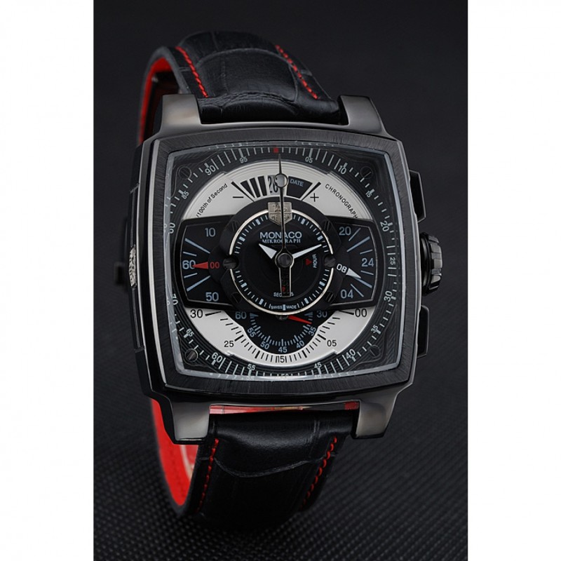 High Quality Tag Heuer Monaco Black-Red Perforated Leather Strap Black Dial 80309-2