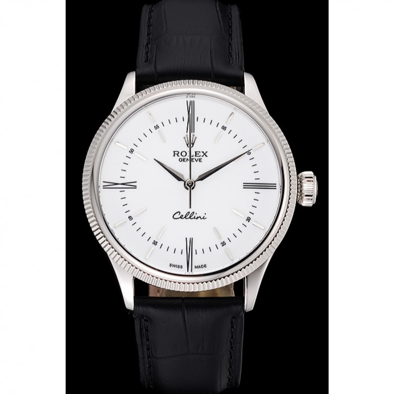 Swiss Rolex Cellini Time Silver Case White Dial Black Leather Bracelet 622653-1