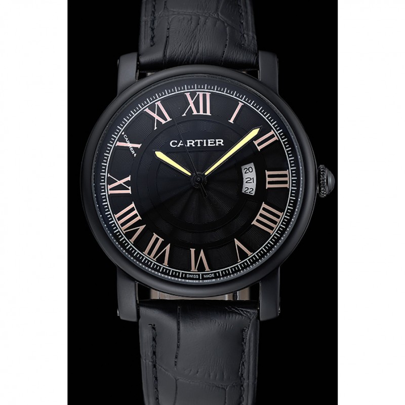 SS Cartier Rotonde Black Dial Black Case Black Leather Bracelet 1454218-1