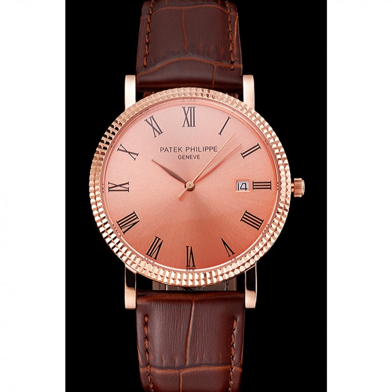 Patek Philippe Calatrava Rose Gold Dial Roman Numerals Ribbed Bezel Rose Gold Case Brown Leather Strap-1