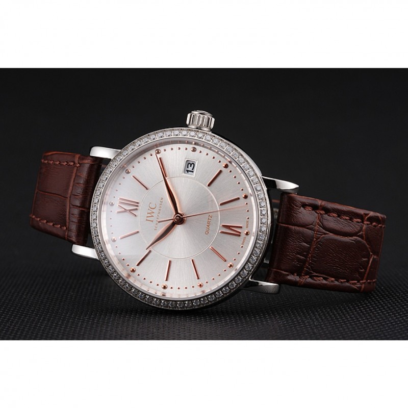 IWC Portofino Silver Dial Stainless Steel Case Diamonds Bezel Brown Leather Strap-3
