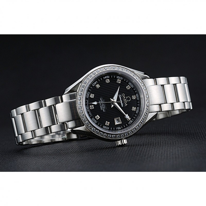 Best Replica Watches Omega Seamaster Aqua Terra Black Dial Diamond Case Stainless Steel Bracelet 622449-3