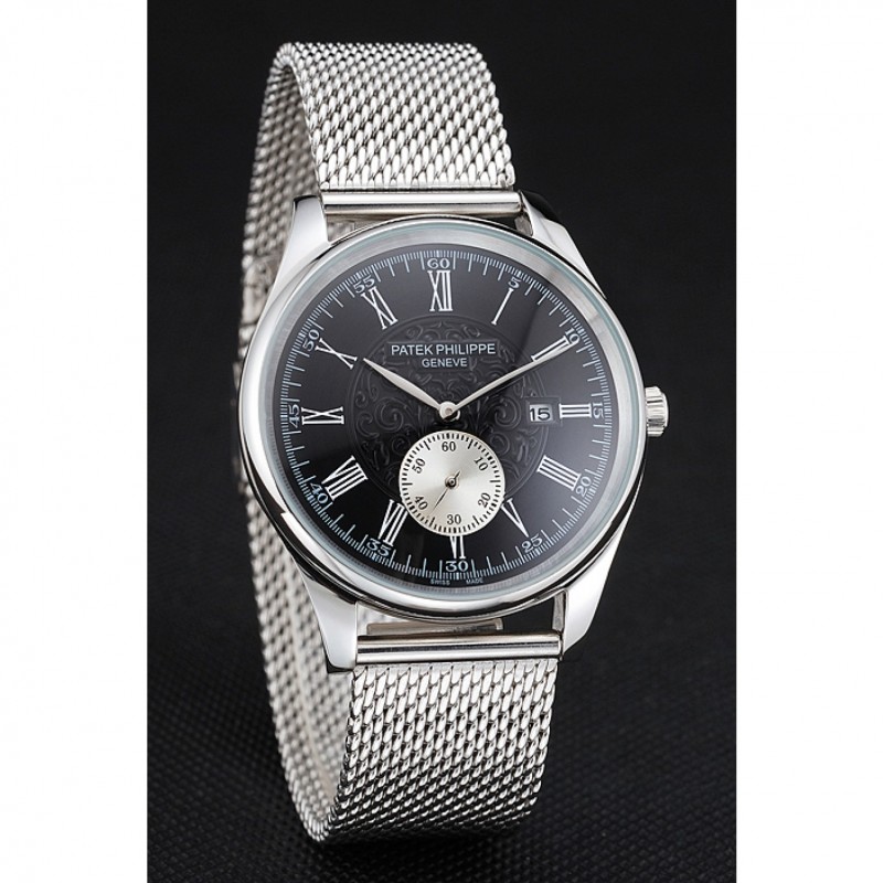 Patek Philippe Calatrava Small Seconds Black Engraved Dial Stainless Steel Case And Bracelet-2