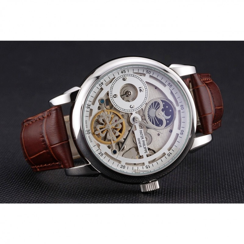Patek Philippe Dual Time Moonphase Tourbillon White Skeletonised Dial Stainless Steel Case Brown Leather Strap-3