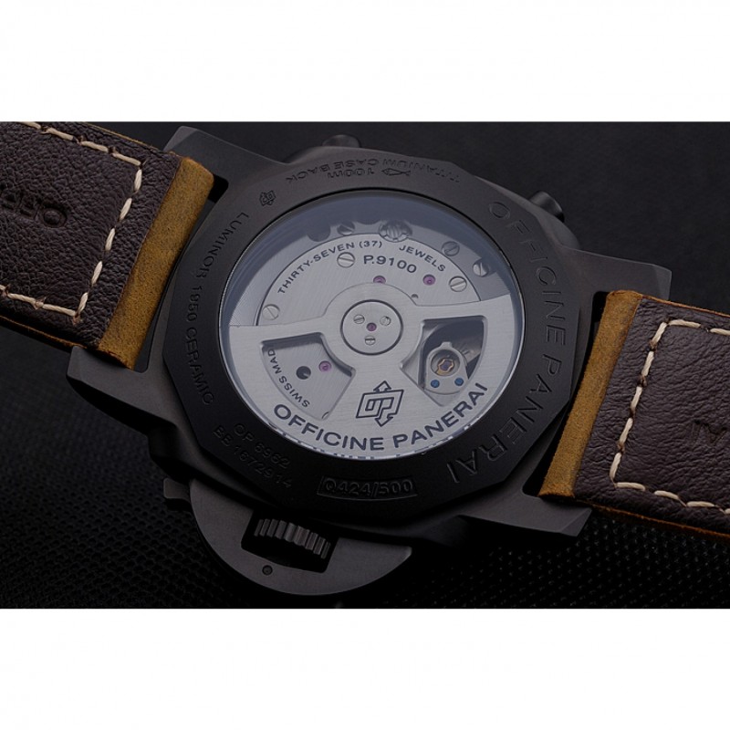 Swiss Panerai Luminor Ceramica Flyback Chronograph Black Dial Black Case Brown Leather Strap-7