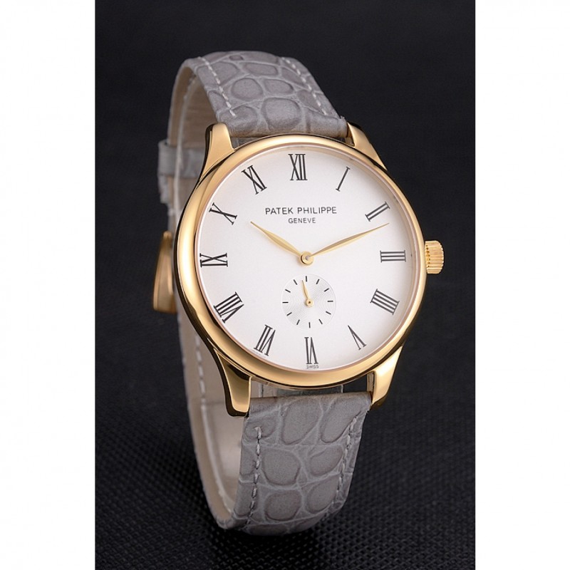 Cheap Patek Philippe Calatrava White Dial Gold Case Gray Leather Strap-2