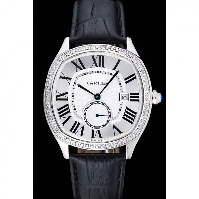 Cartier Drive De Cartier White Dial Silver Diamond Case Black Leather Bracelet 1454215-1