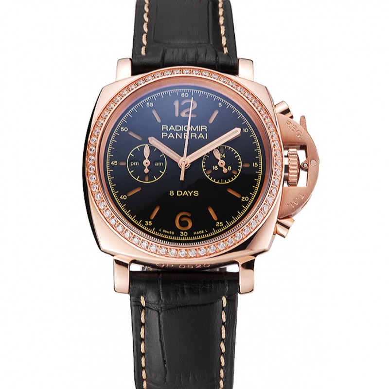 Panerai Radiomir 8 Days Chronograph Black Dial Diamond Bezel Rose Gold Case Black Leather Strap 1453798-0