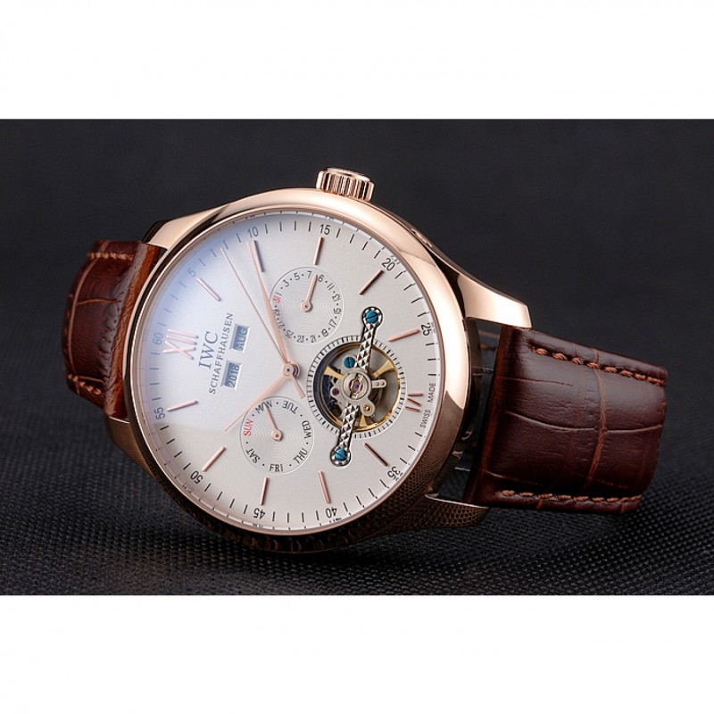 IWC Portofino Tourbillon White Dial Rose Gold Case Broen Leather Strap-3