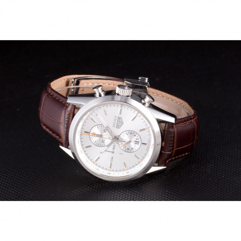 Tag Heuer SLR Brushed Stainless Steel Case Silver Dial Brown Leather Strap-2