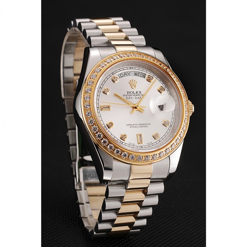 Swiss Rolex Day-Date White Dial Gold Diamond Case Two Tone Stainless Steel Bracelet 1453972-1