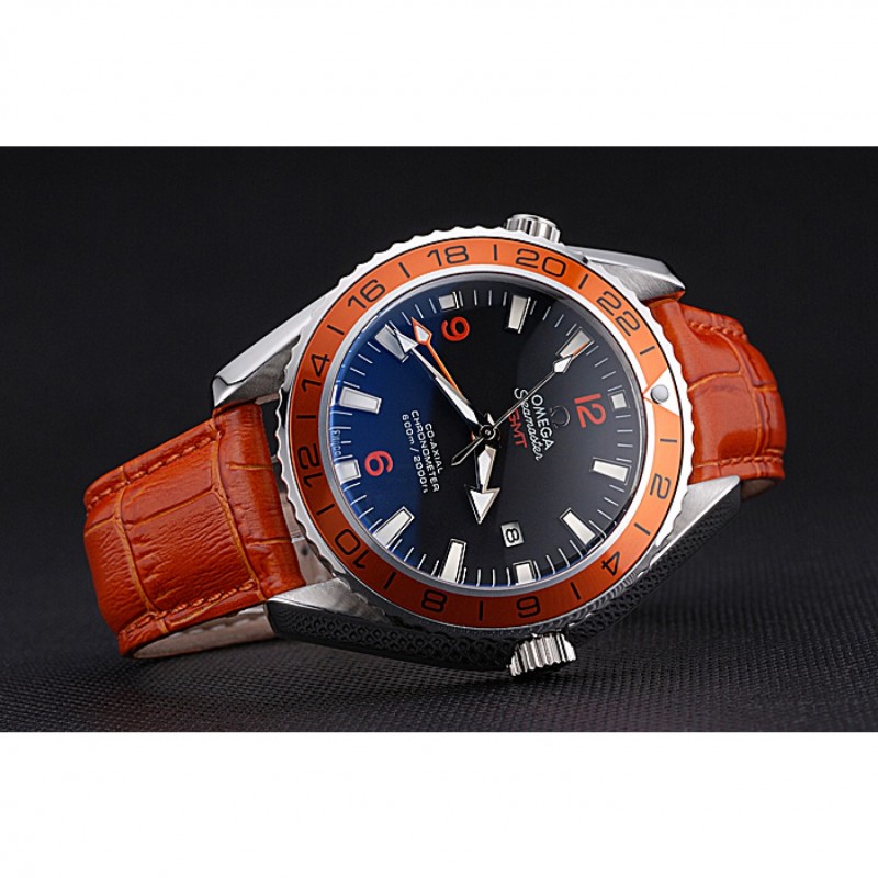 Luxury Replica Watches Omega Seamaster Planet Ocean GMT Orange Dial Orange Leather Band 622395-3