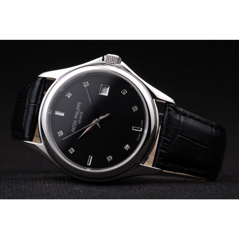 Patek Philippe Geneve Calatrava Crystal Studded Hour Marker Black Dial Black Leather Strap 98170-4