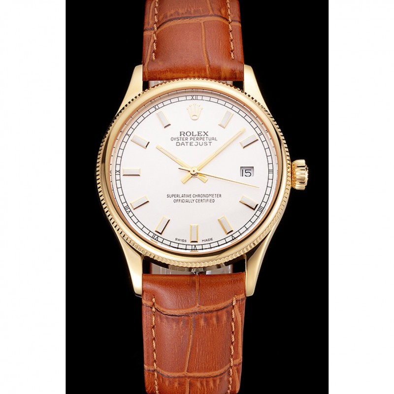 Swiss Rolex Datejust White Dial Gold Case Light Brown Leather Strap-1
