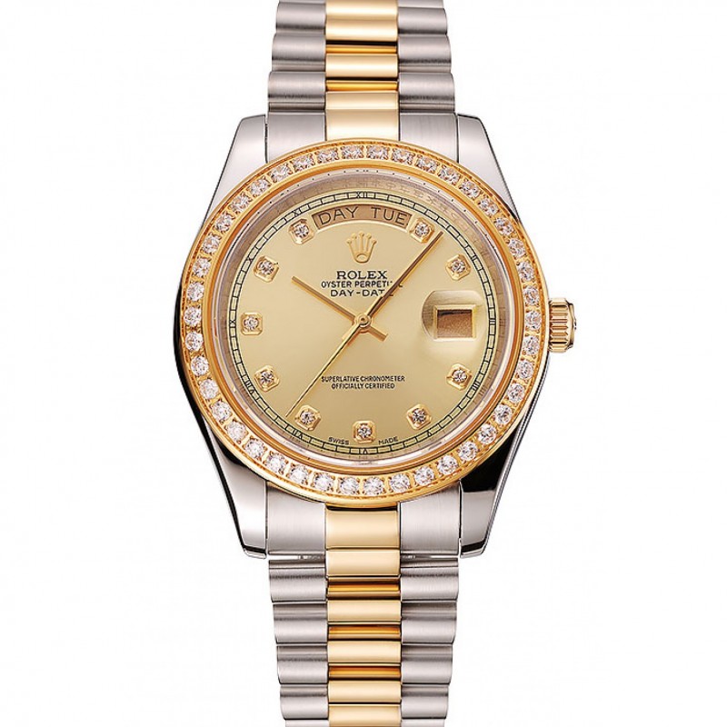 Swiss Rolex Day-Date Champagne Dial Gold Diamond Case Two Tone Stainless Steel Bracelet 1453974-0