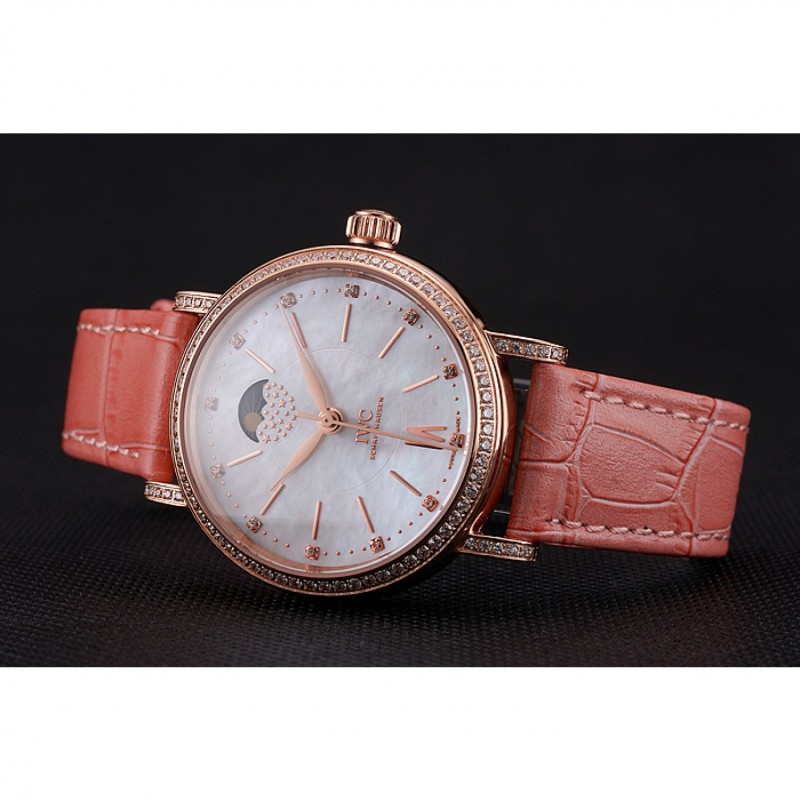 IWC Portofino Moon Phase Silver Dial Rose Gold Case Diamonds Bezel Pink Leather Strap-4