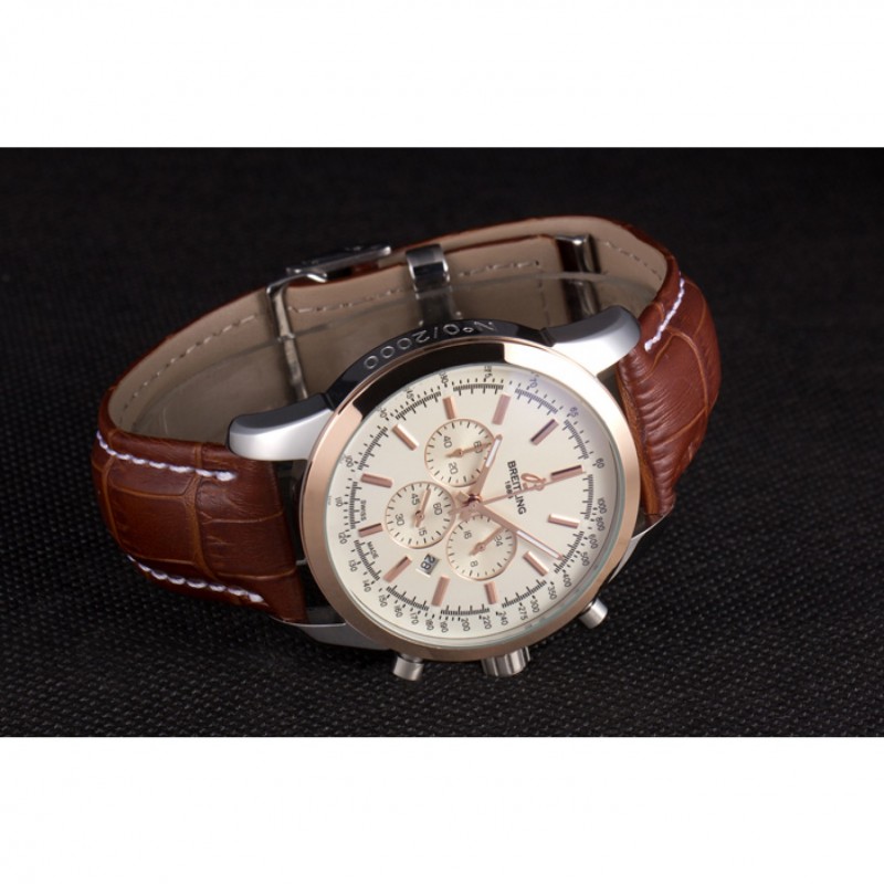 Breitling Transocean White Dial Light Brown Leather Strap Rose Gold Bezel-3