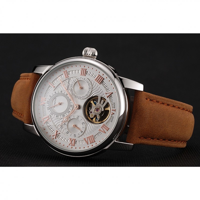 Patek Philippe Grand Complications Day Date Tourbillon White Dial Rose Gold Numerals Stainless Steel Case Brown Suede Leather Strap 1453818-4