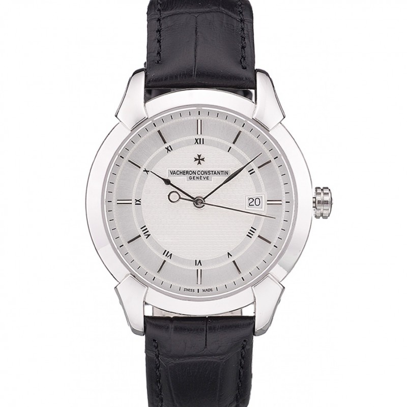 Swiss Vacheron Constantin Traditionnelle White Dial Roman Numerals Black Leather Bracelet-0