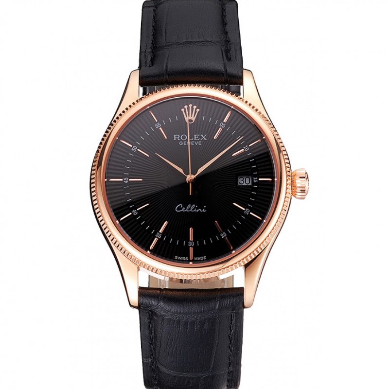 AAA Replica Watches Swiss Rolex Cellini Date Black Dial Rose Gold Markings Rose Gold Case Black Leather Strap-0