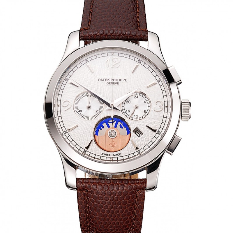 Patek Philippe Chronograph White Guilloche Dial Stainless Steel Case Brown Leather Strap-0