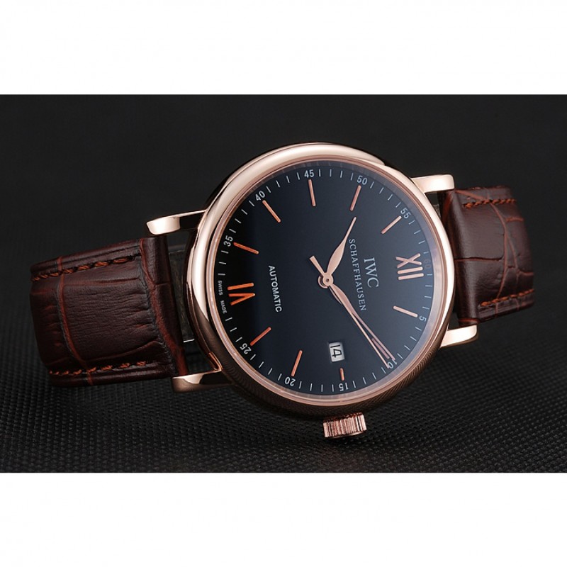 Best Replica Watches Swiss IWC Portofino Gold Case Black Dial Brown Leather Bracelet 622669-3