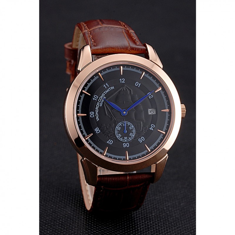 Vacheron Constantin Traditionnelle Black Ship Dial Rose Gold Case Brown Leather Strap-2