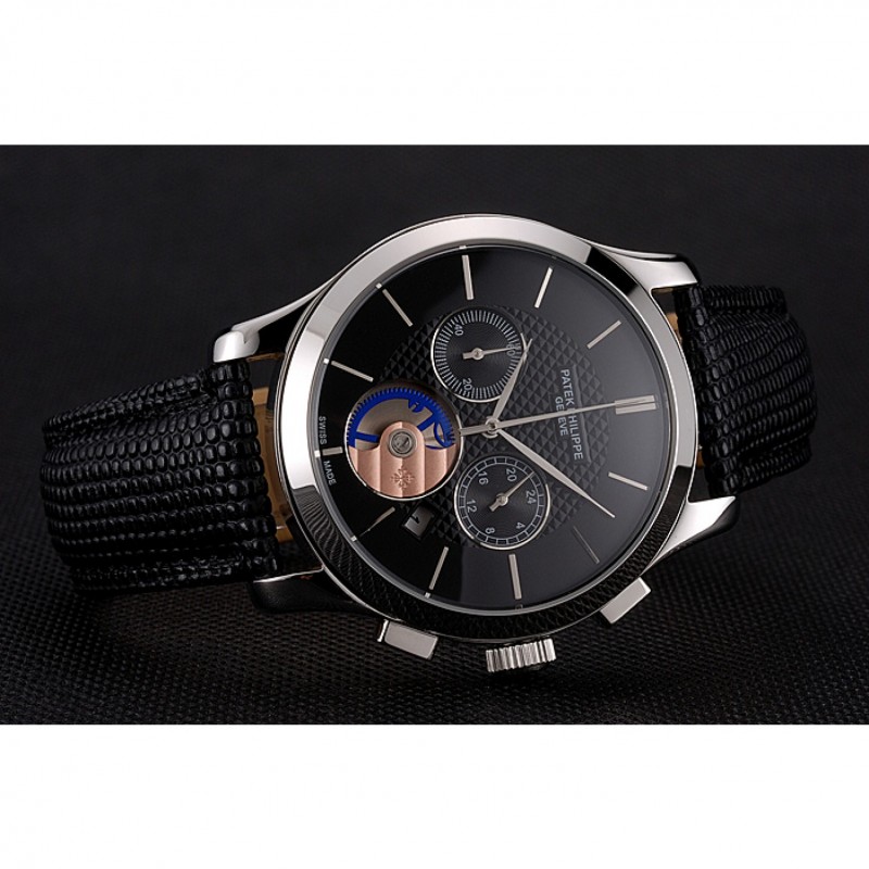 Patek Philippe Chronograph Black Dial Stainless Steel Case Black Leather Strap-4