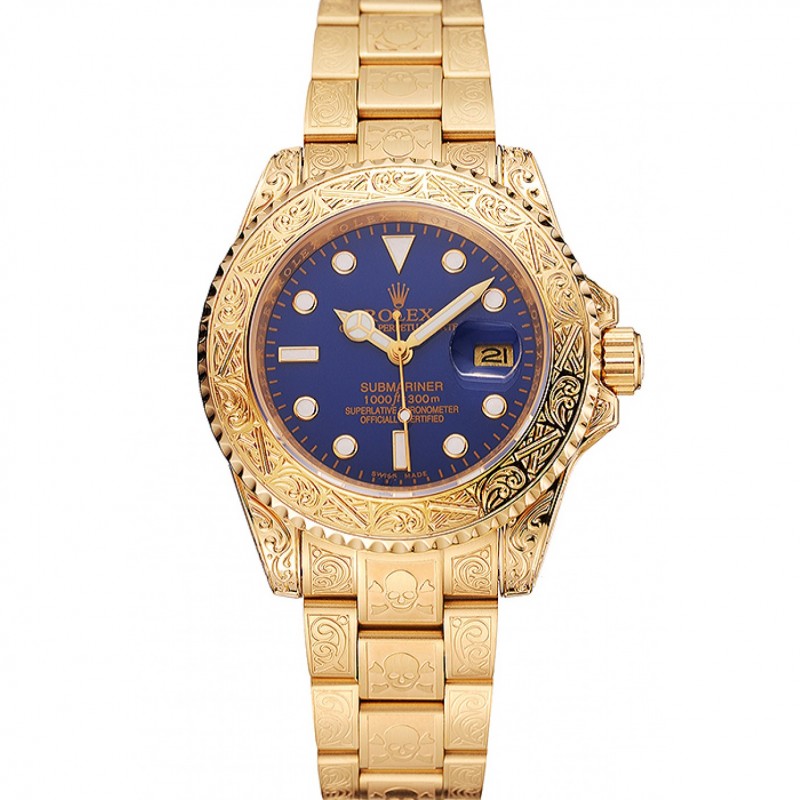 Swiss Rolex Submariner Skull Limited Edition Blue Dial Gold Case And Bracelet 1454089-0