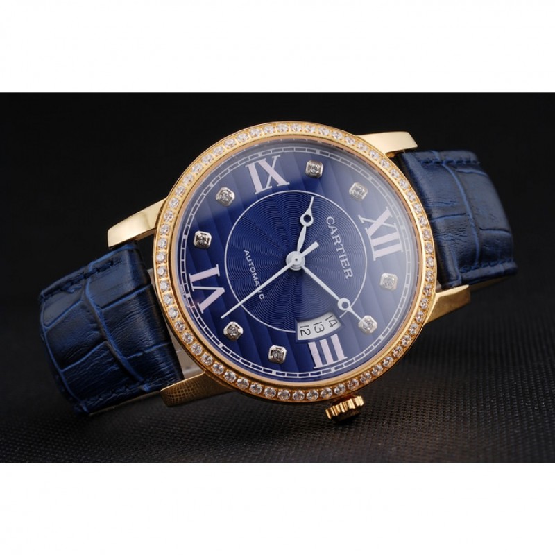 High End Replica Watches Swiss Cartier Ronde Solo Blue Dial Gold Diamond Case Blue Leather Strap-4