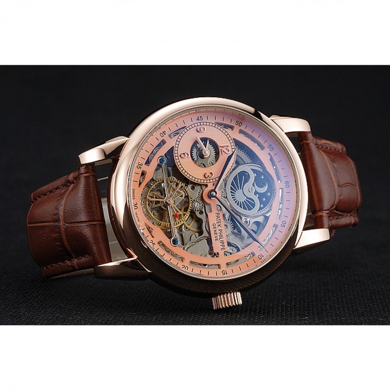 High Quality Patek Philippe Dual Time Moonphase Tourbillon Gold Skeletonised Dial Rose Gold Case Brown Leather Strap-3