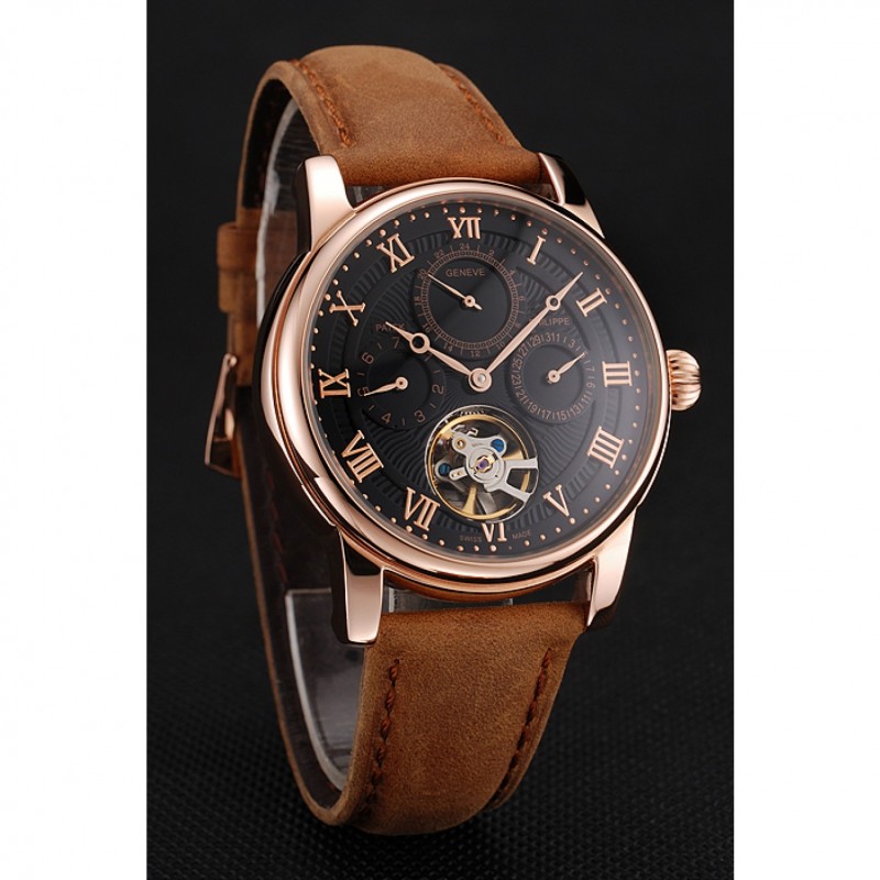 Best Patek Philippe Grand Complications Day Date Tourbillon Black Dial Rose Gold Case Brown Suede Leather Strap 1453814-2