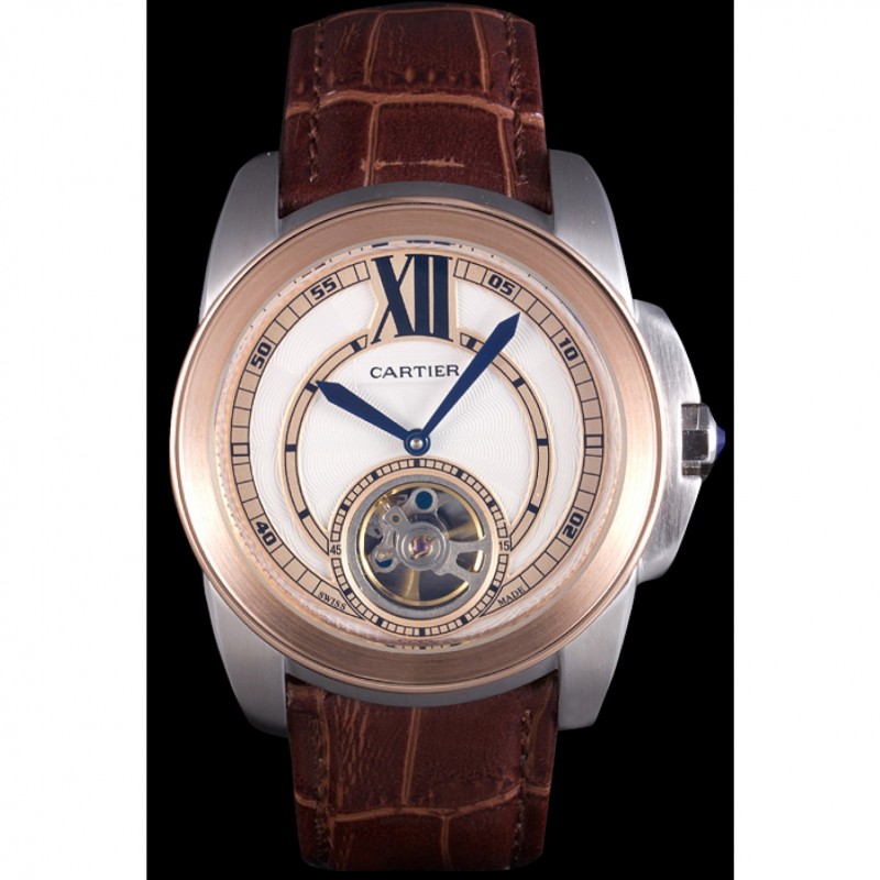 SS Replica Watches Cartier Calibre Flying Tourbillon White Dial Two Tone Case Brown Leather Bracelet-1