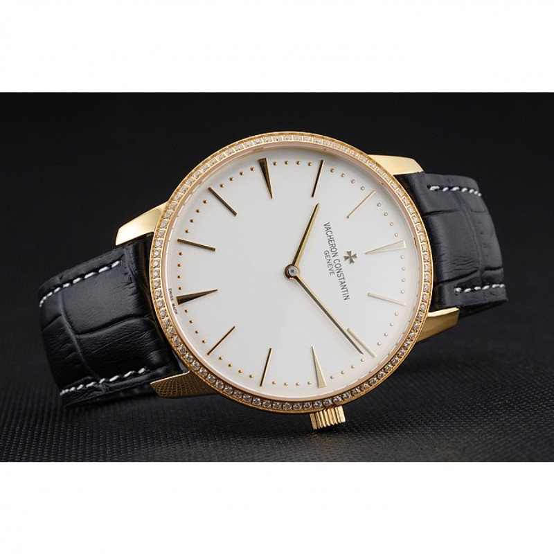 Swiss Vacheron Constantin Patrimony Grand Taille White Dial Gold Diamond Case Black Leather Bracelet 1454181-4