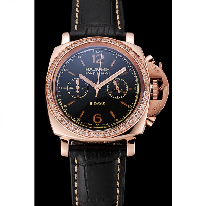 Panerai Radiomir 8 Days Chronograph Black Dial Diamond Bezel Rose Gold Case Black Leather Strap 1453798-1
