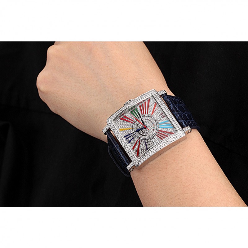 High Quality Replica Watches Franck Muller Master Square Color Dreams Diamonds Dial Diamonds Case Blue Leather Strap 622359-8
