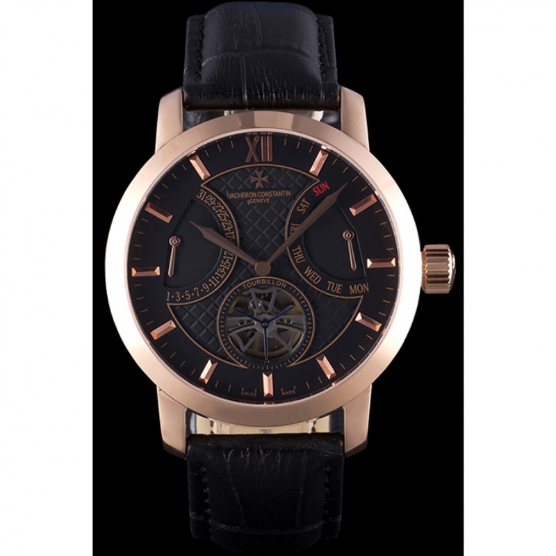 Cheap Vacheron Constantin Tourbillon Black Dial Rose Gold Case Black Leather Bracelet-1